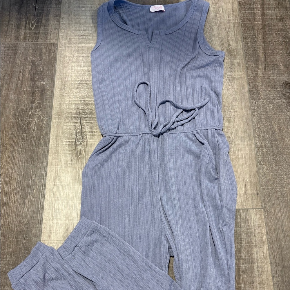 Pink Lily Ribbed Blue Jumpsuit